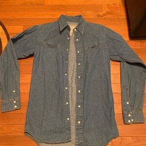 Schaefer Outfitter Shirt Mens Small Denim Jean Western Pearl Snap Cowboy